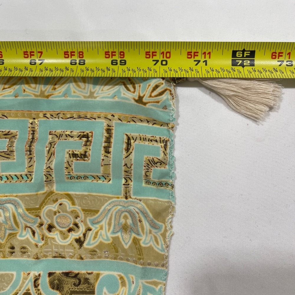 Art Silk Damask Scarf Womens OS Aqua Gold Tassel Trim | Bohemian - Picture 6 of 6
